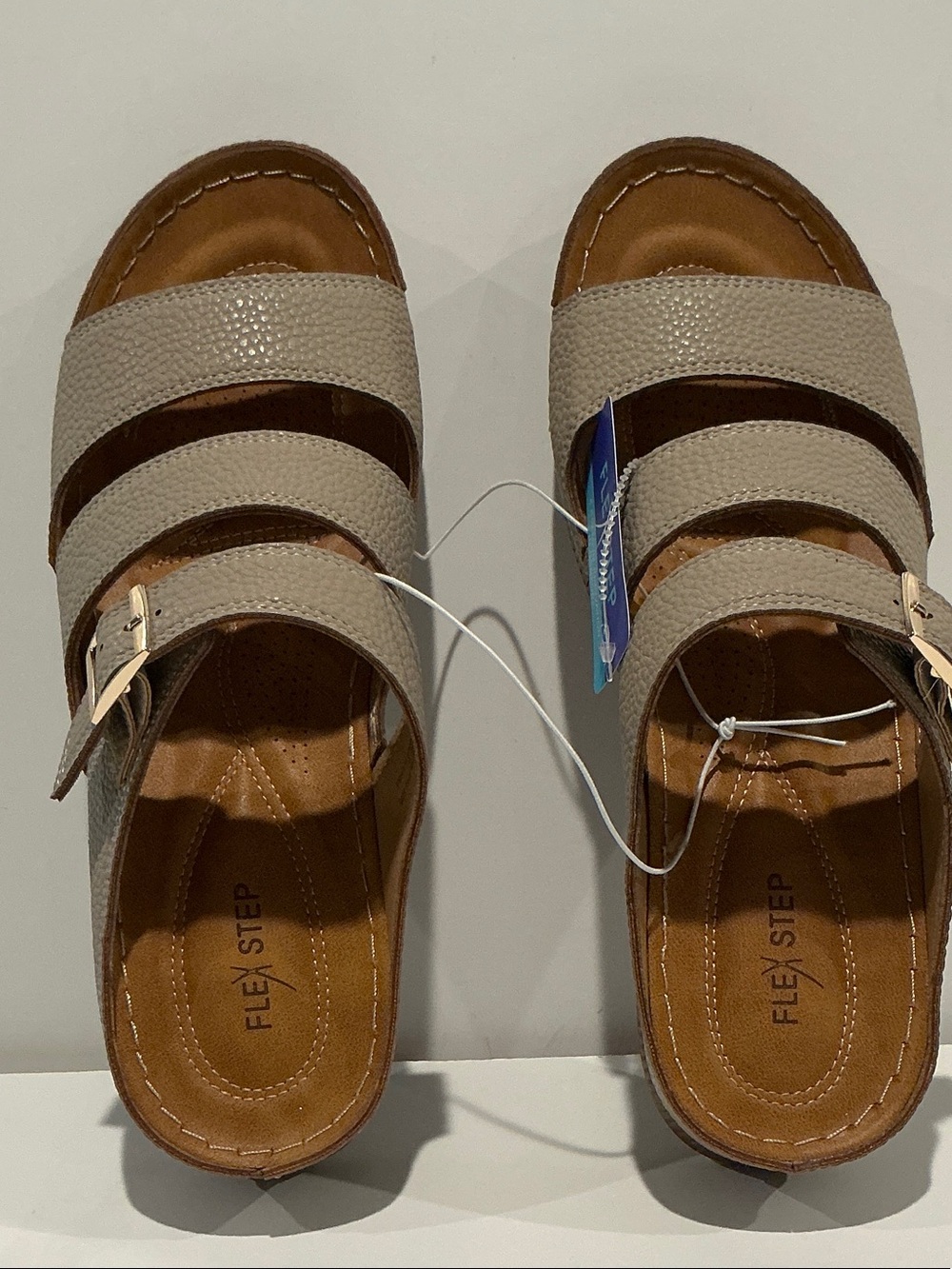 NWT Flex Step Taupe Triple Strap sandals with 1.5” graduating heel.